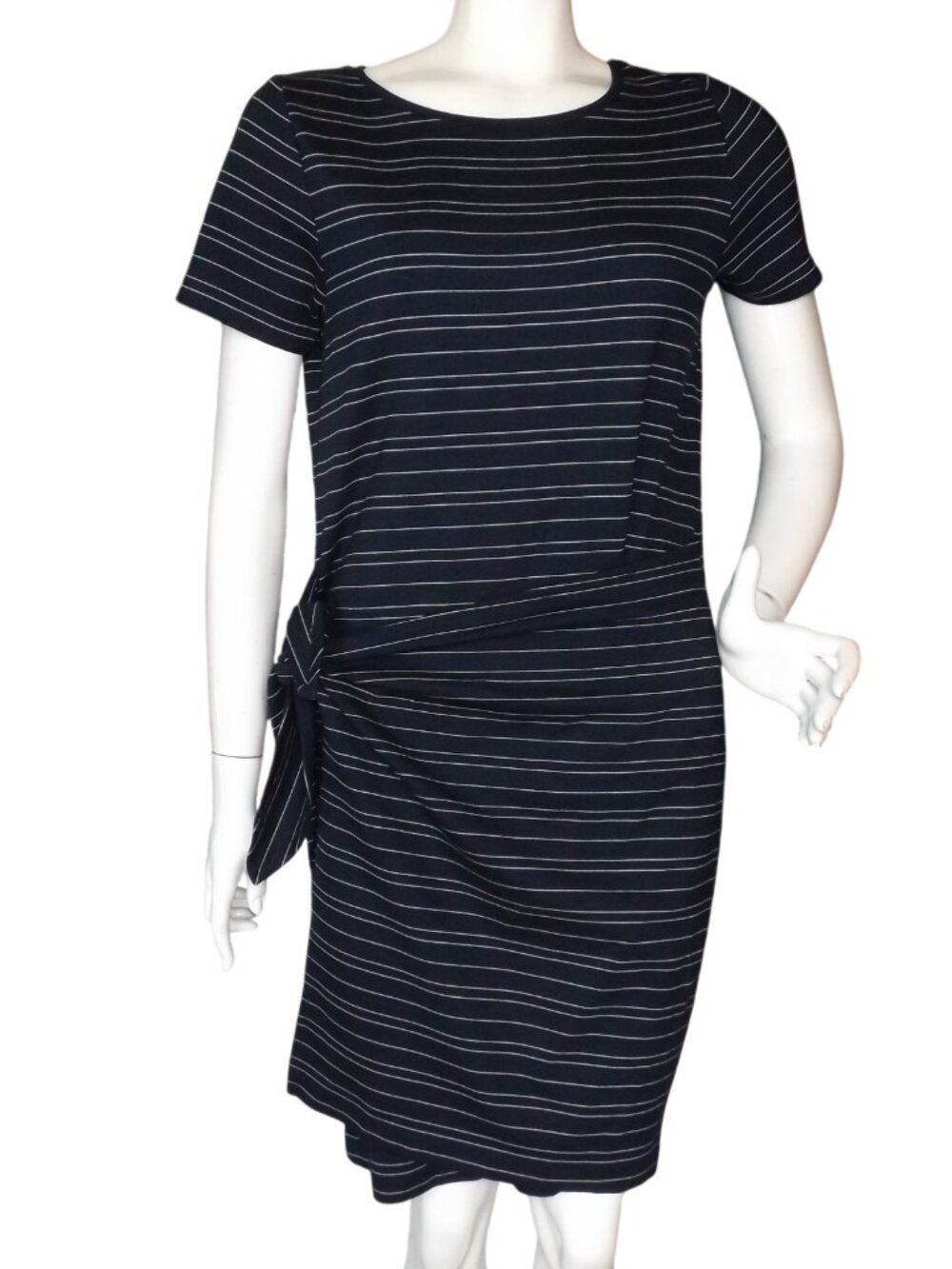 CLUB MONACO Tee Dress, L, Blue/White stripes, Wrap front/Knot hip, Short sleeve